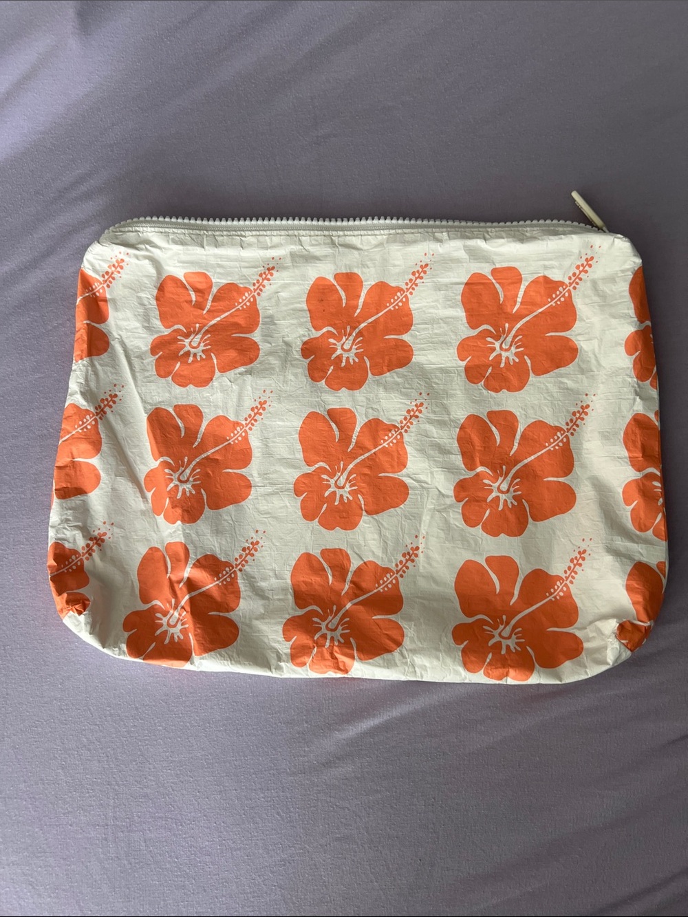 ALOHA Collection Cream Cosmetic Pouch with Orange Hibiscus Print